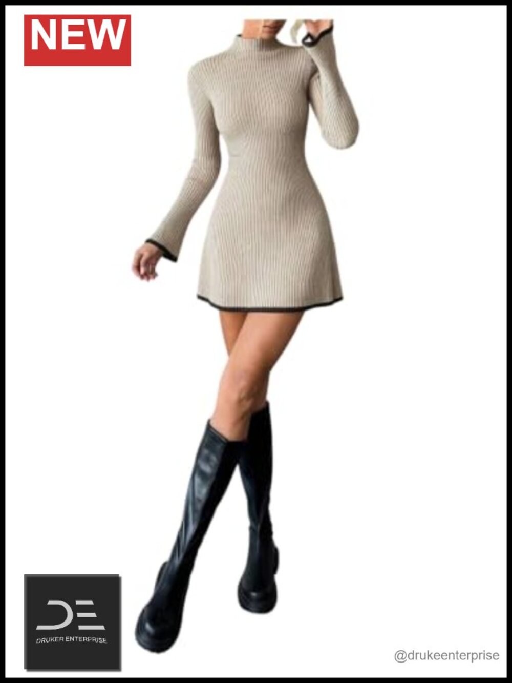 Ribbed Knit Mini Sweater Dress Long Bell Sleeves Bodycon Mock Neck